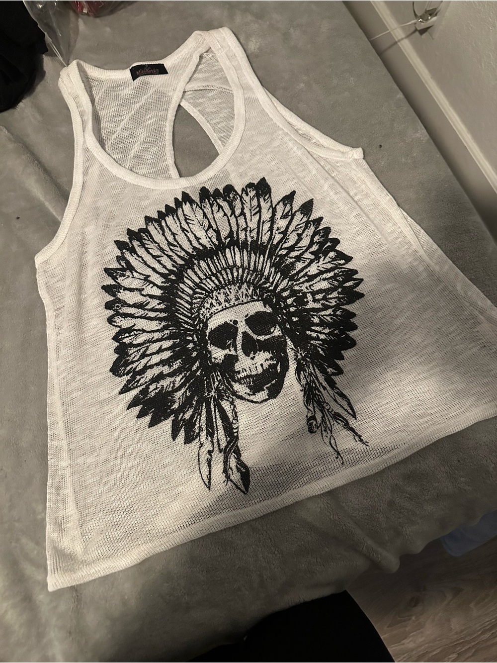 White Graphic Racerback Tank Top with Black Skull Headdress